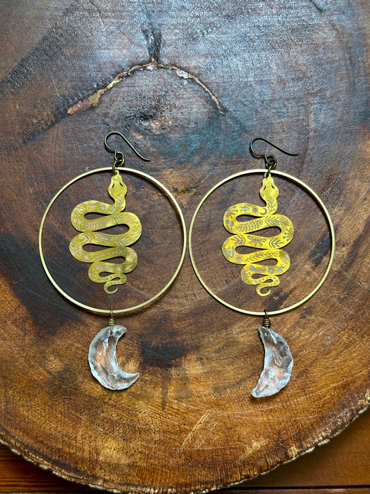 Quartz Crescent Moon Snake Hoops