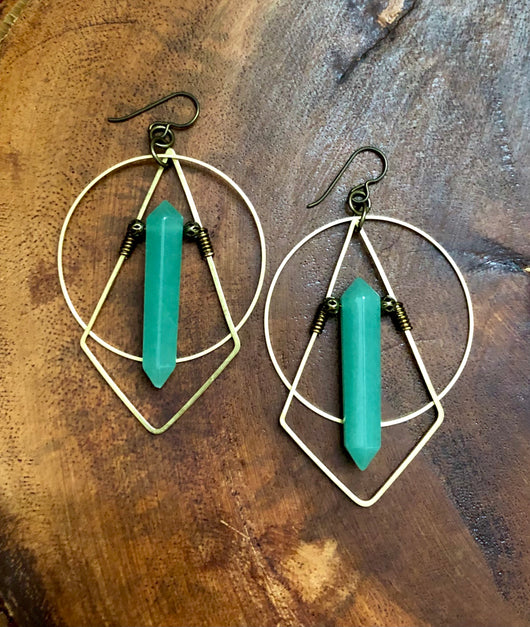 Green Aventurine Geometric Hoops