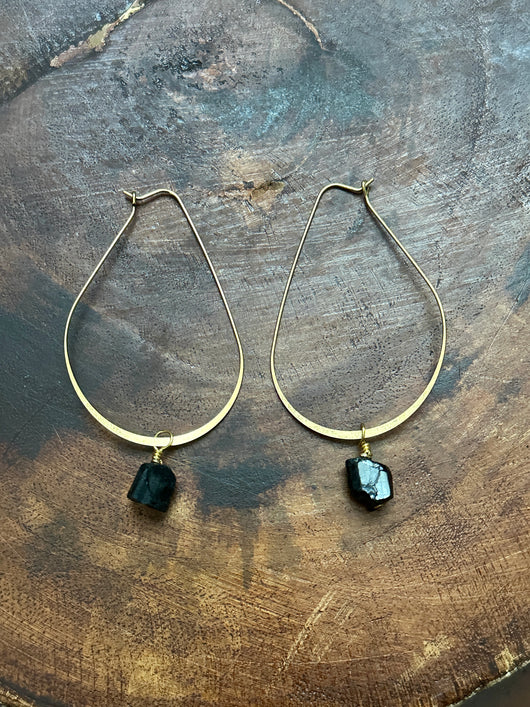 Raw Black Tourmaline Hoops