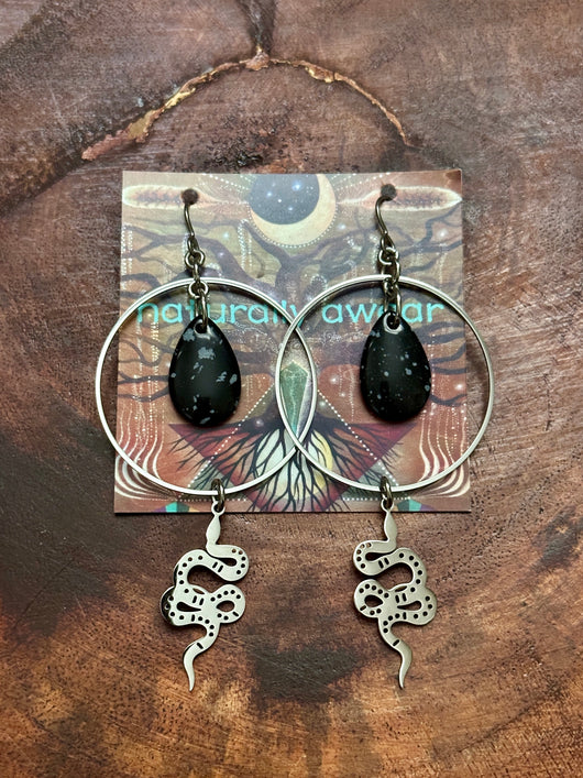 Snowflake Obsidian Snake Hoops