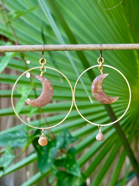 Peach Moonstone Crescent Moon Hoops
