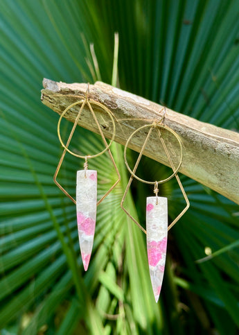 Pink Tourmaline Daggers on Geometric Hoops