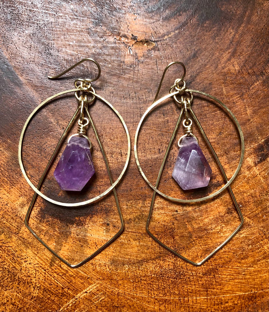 14k gold-filled Geometric Hoops featuring Amethyst