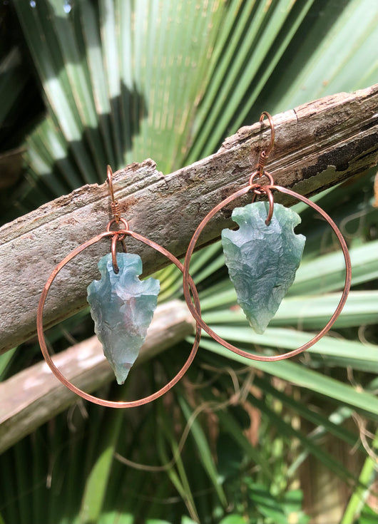 Moss Agate Arrowheads on Hammered Copper Hoops