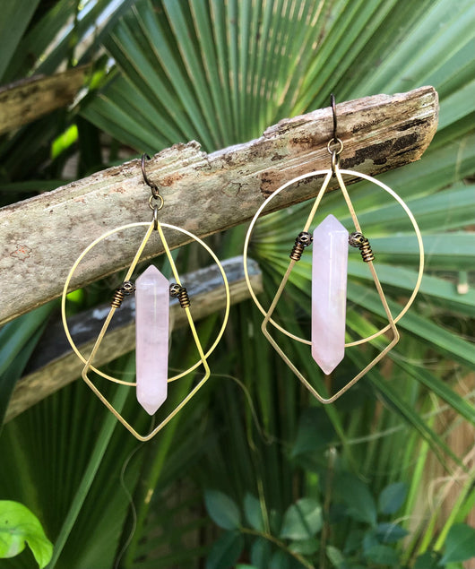 Rose Quartz Brass Hoops